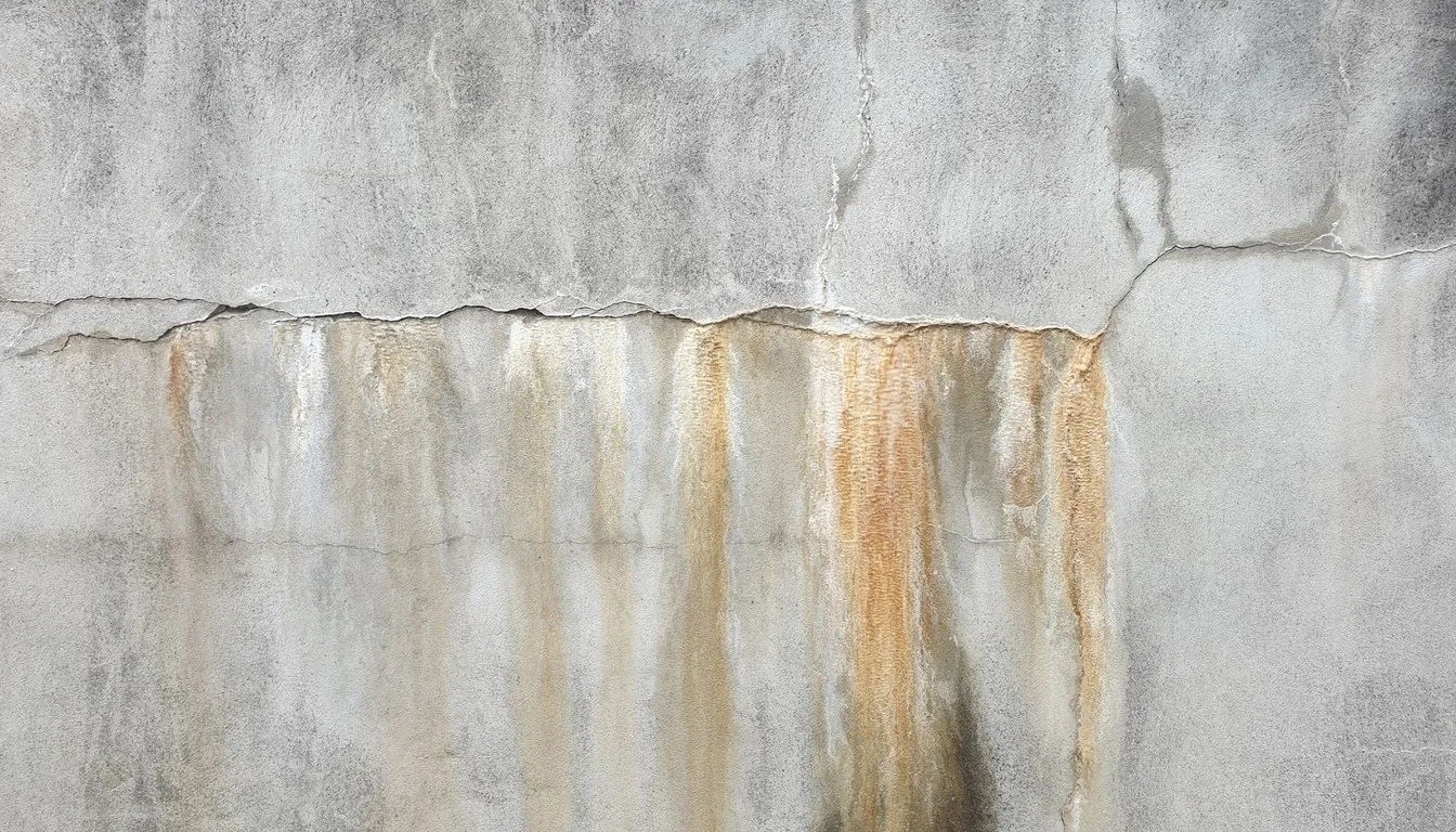 Concrete wall streaked with rust stains