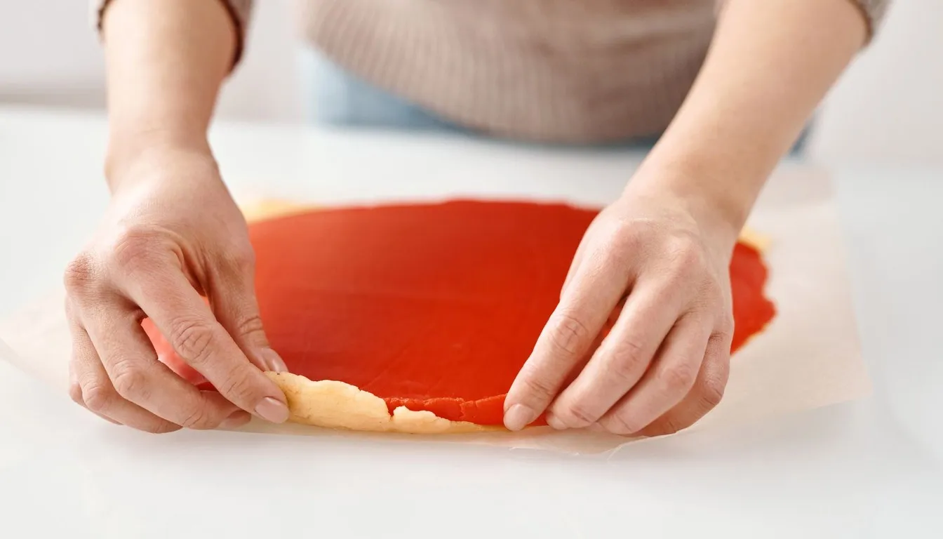 Hands shaping red dough on a paper-lined counter