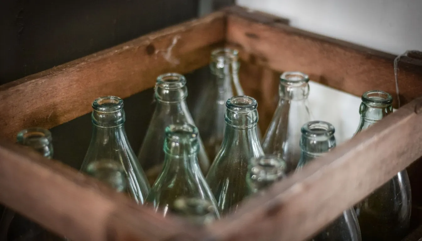 Vintage clear glass bottles in a wooden crate
