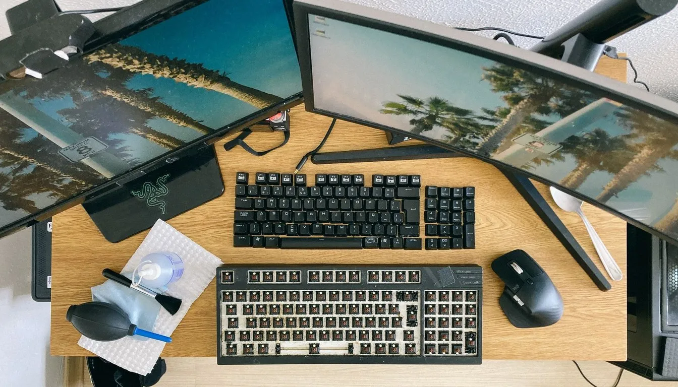 Desk setup with multiple LCD monitors and a keyboard