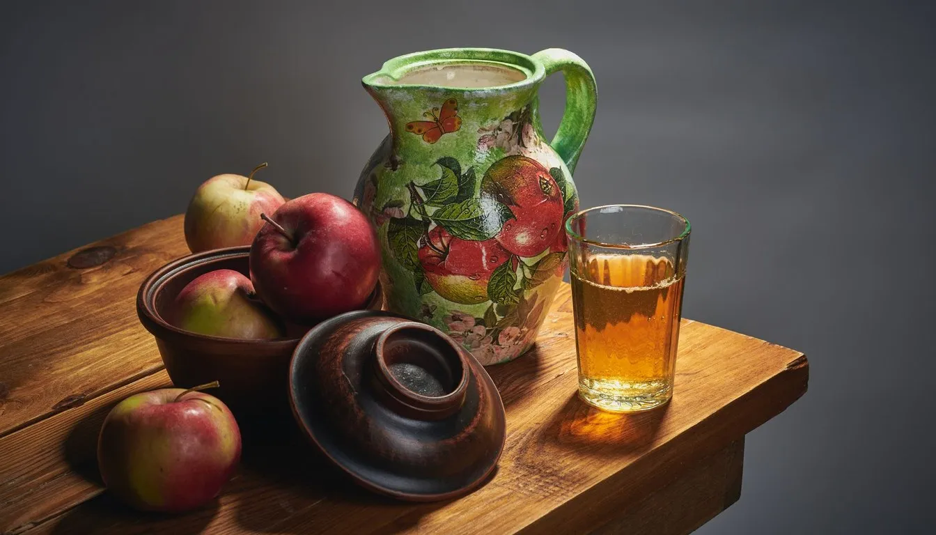 Apples, a pitcher, and a glass of cider on a wooden table