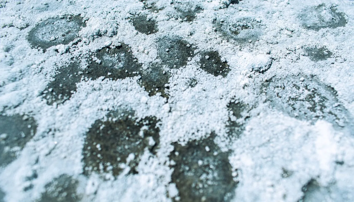 Icy surface dotted with dark patches where the ice is melting