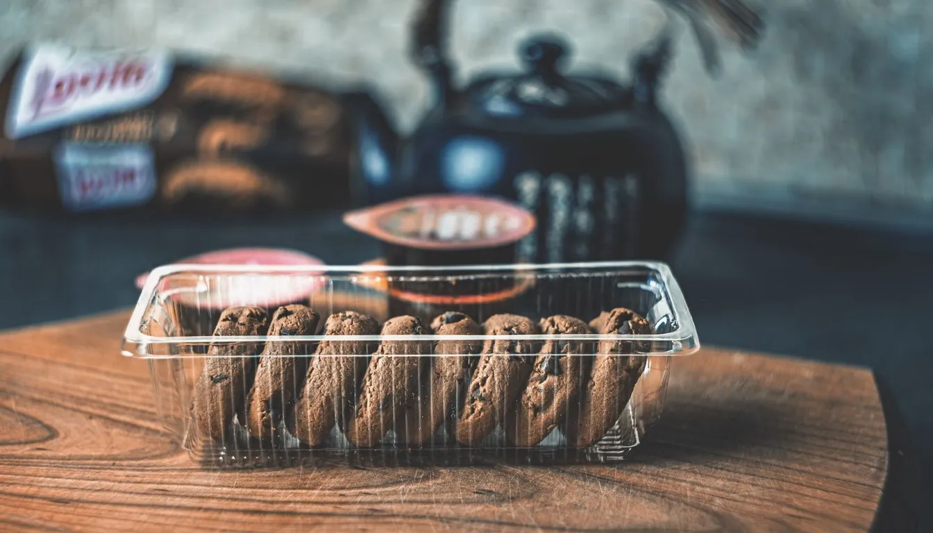 Cookies stored in a clear plastic container on a wooden table