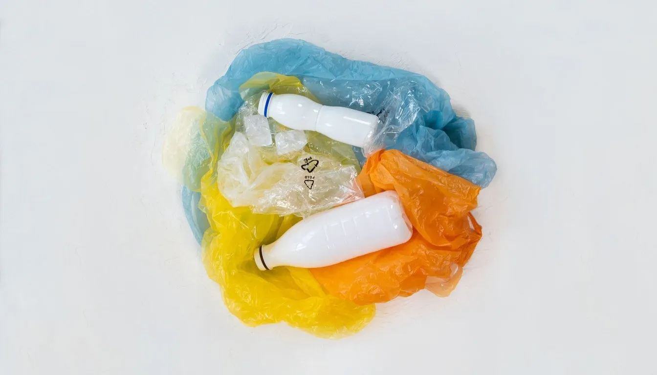 Plastic bottles and colored plastic bags gathered on a white surface