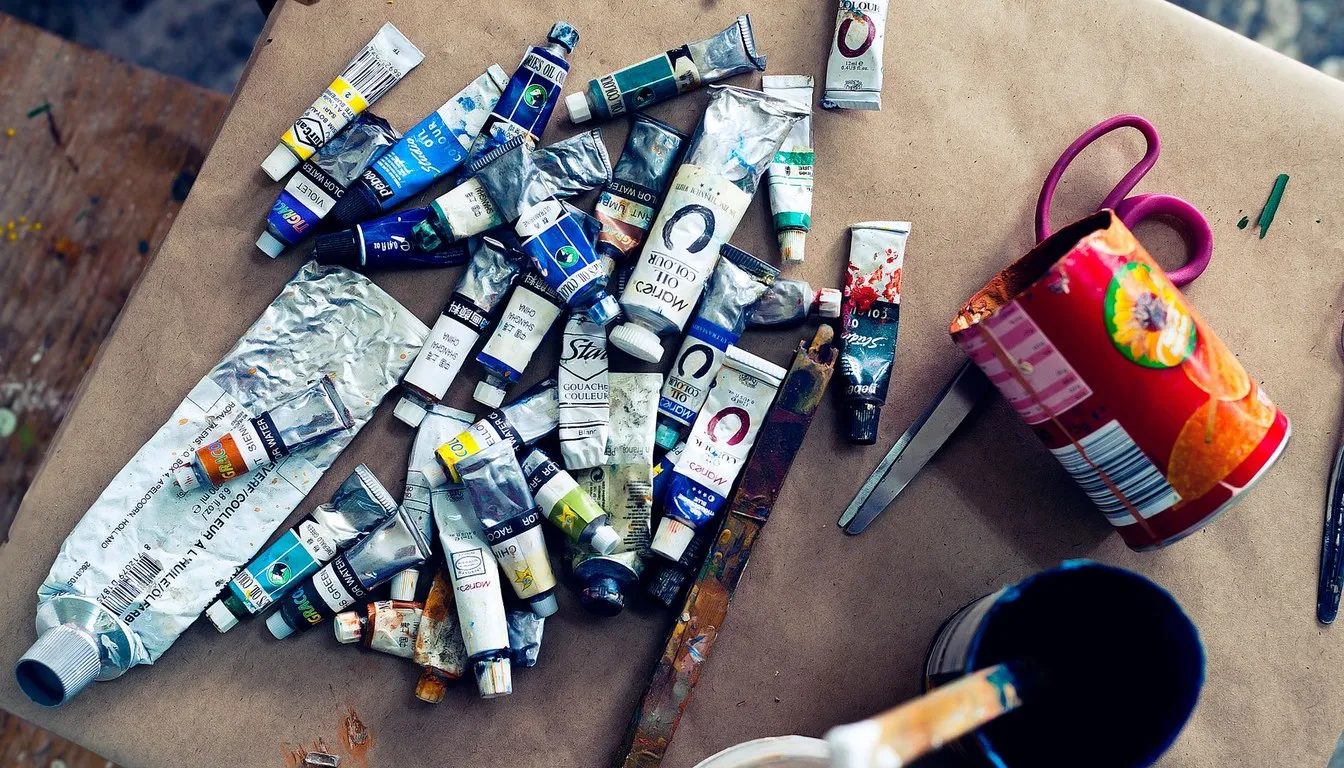 Used oil paint tubes and brushes on paper