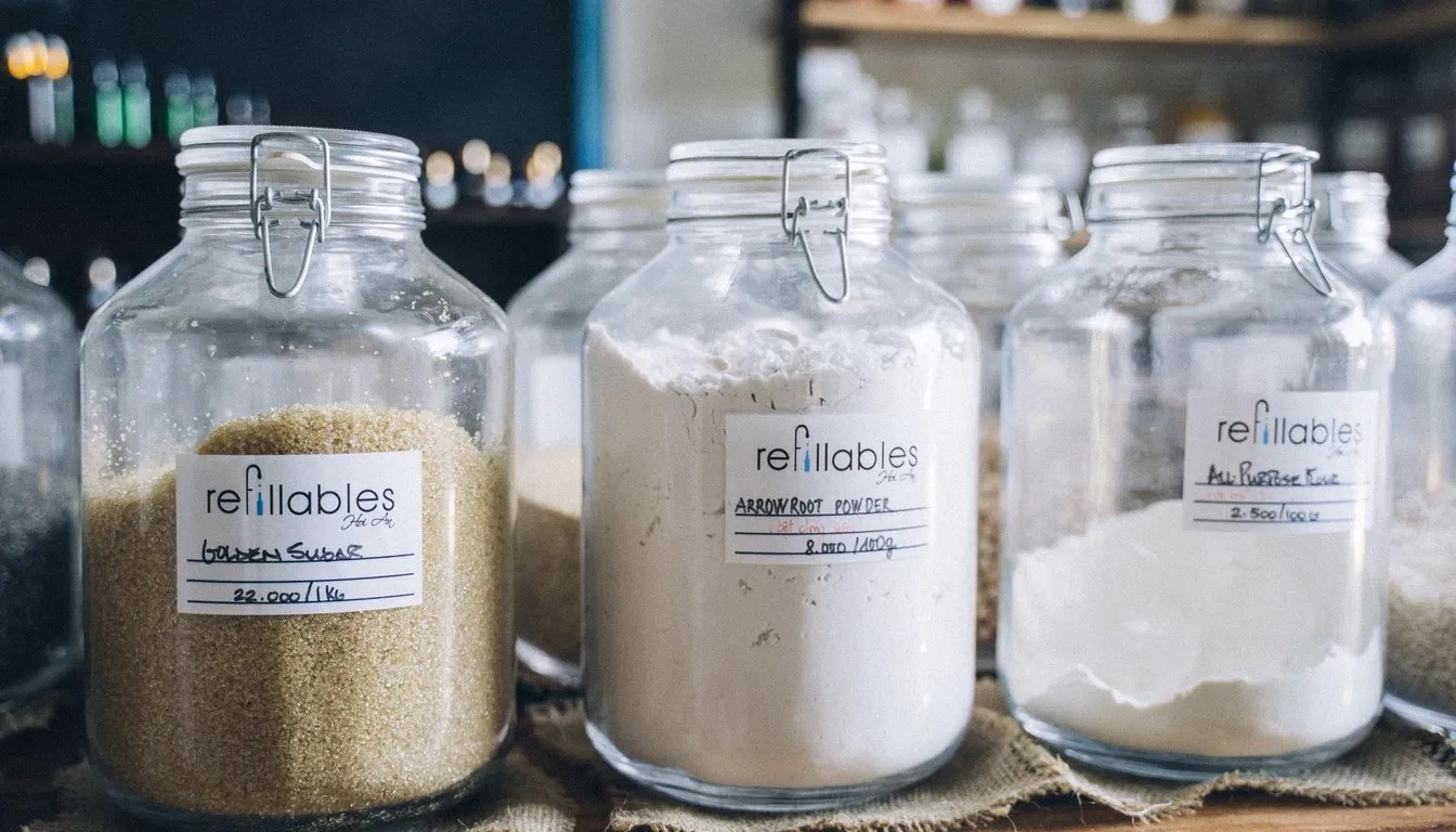 Glass jars of grains and flour in a pantry