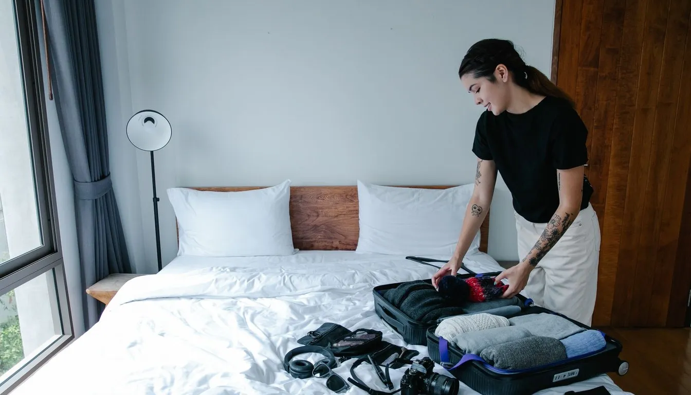 Traveler unpacking a suitcase on a hotel bed