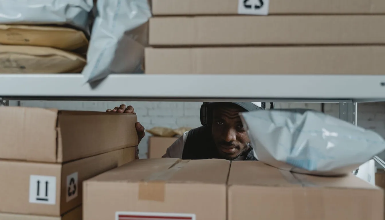 Man surrounded by stacked cardboard shipping boxes