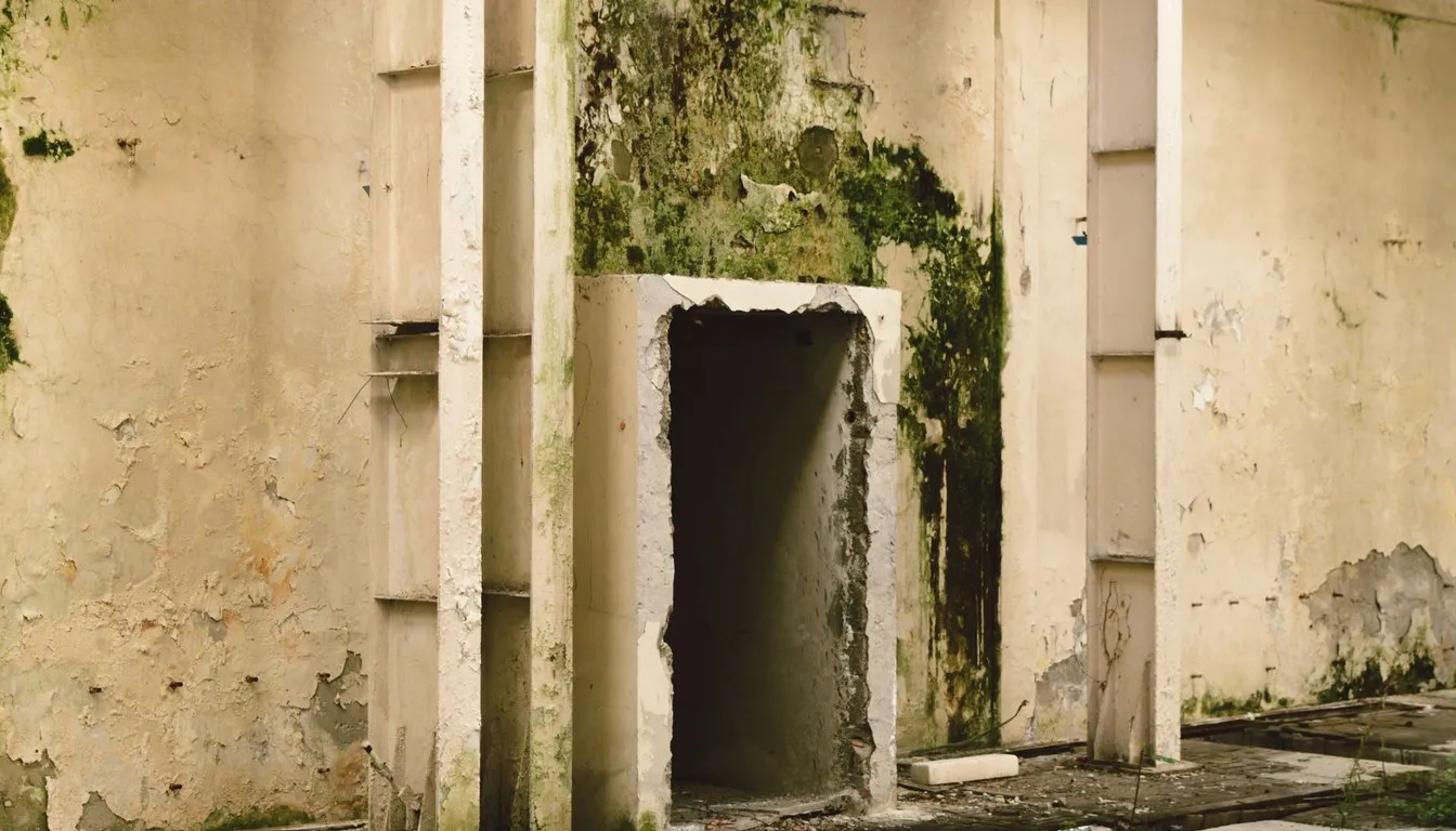 Abandoned room with mold-covered walls
