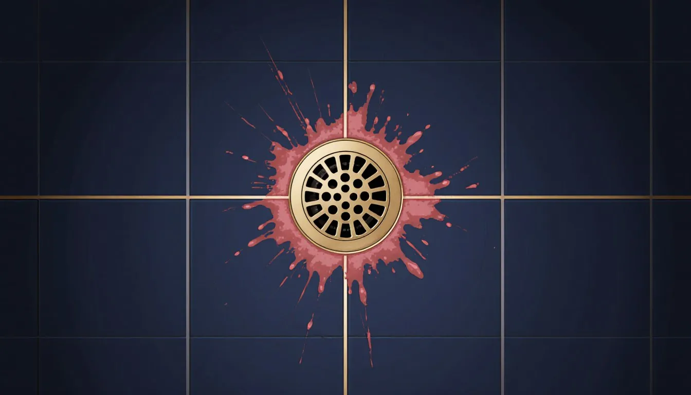 Pink mold staining the tile around a shower drain