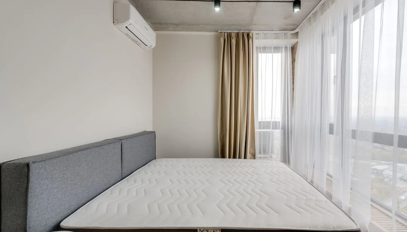 Bare mattress in a bright bedroom