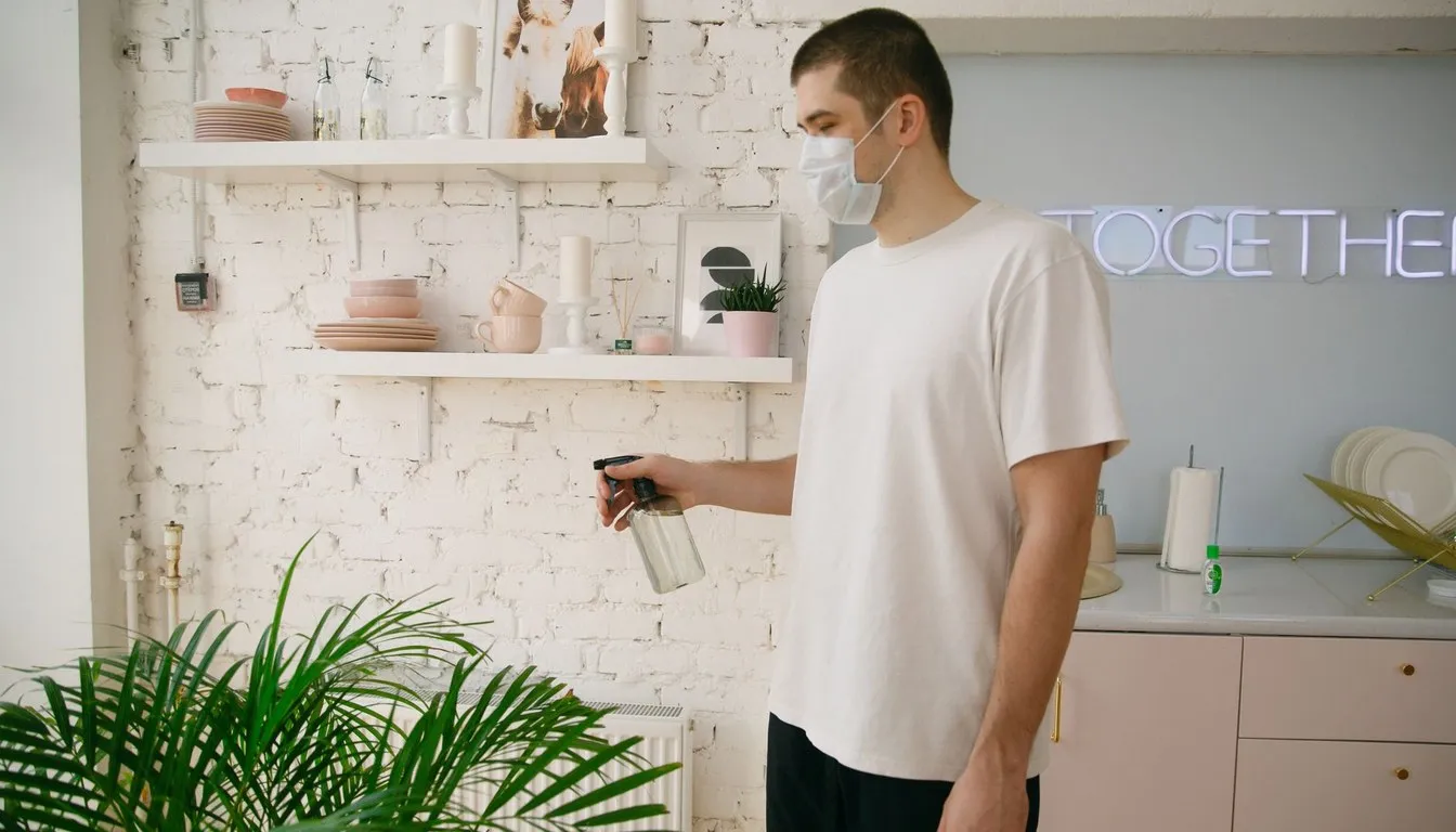 Person in a face mask holding a spray bottle in a kitchen