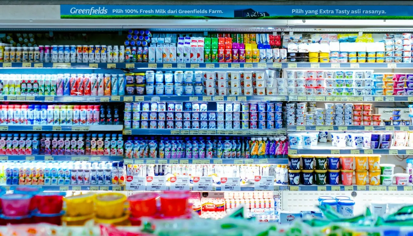 Refrigerated grocery shelves stocked with drinks