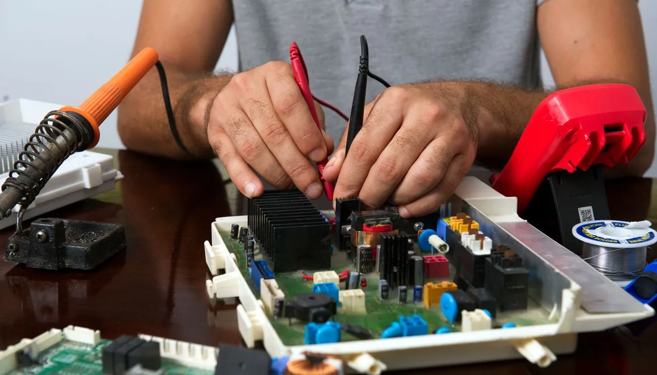 Technician probing an appliance circuit board with test leads