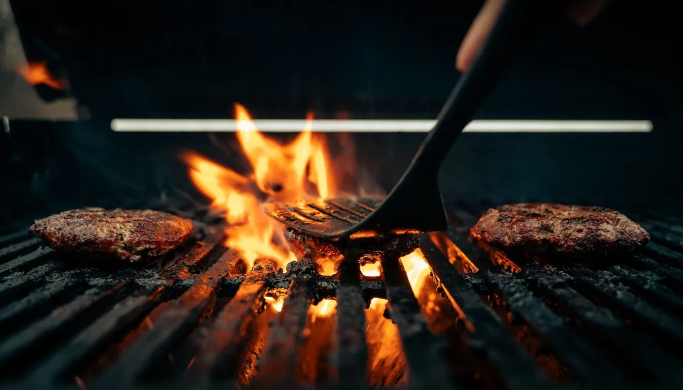 Burgers grilling over open flames