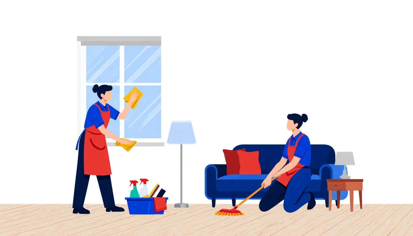 Two house cleaners working in a living room