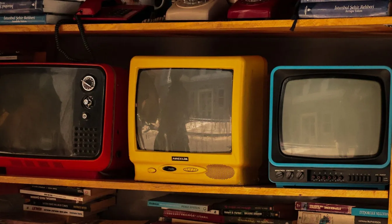 Vintage televisions lined up on a shelf