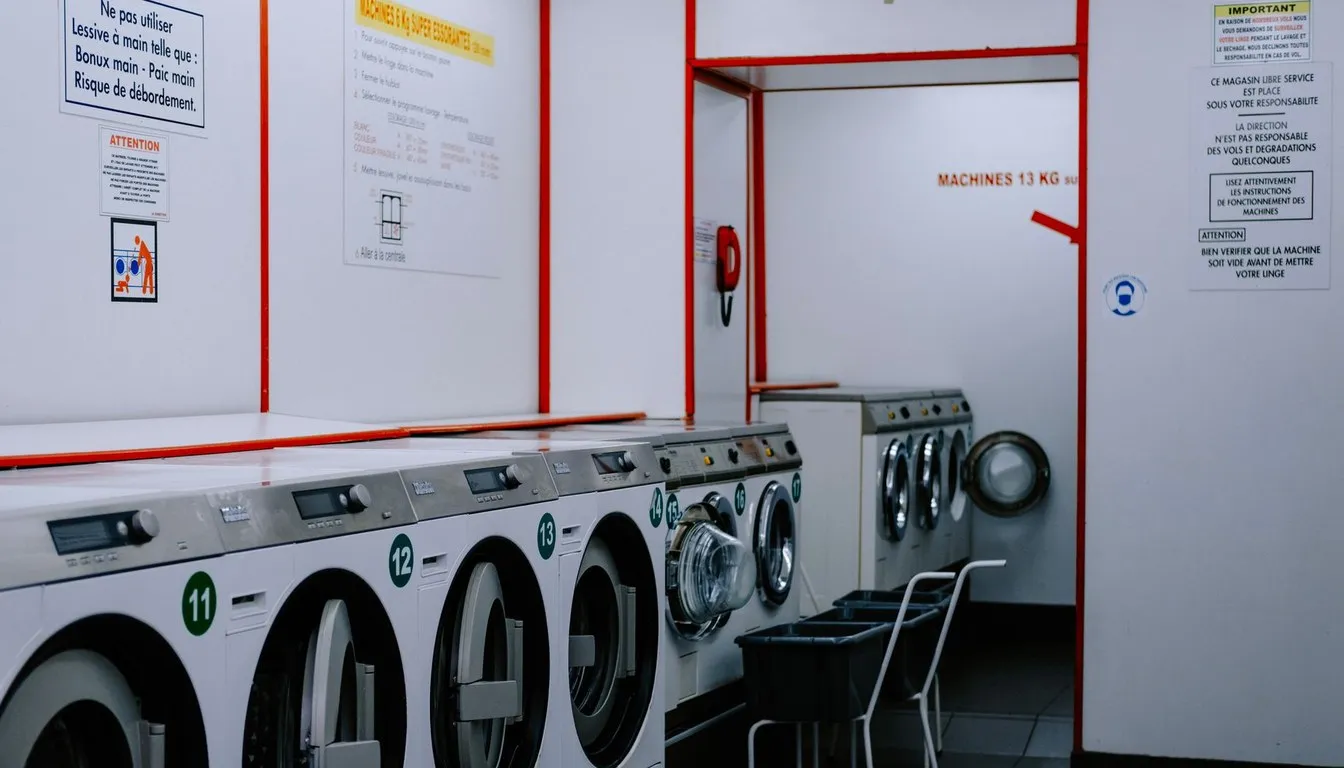 Coin-operated washing machines lined up in a laundromat