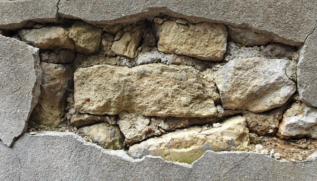 Crumbling stone and concrete foundation wall