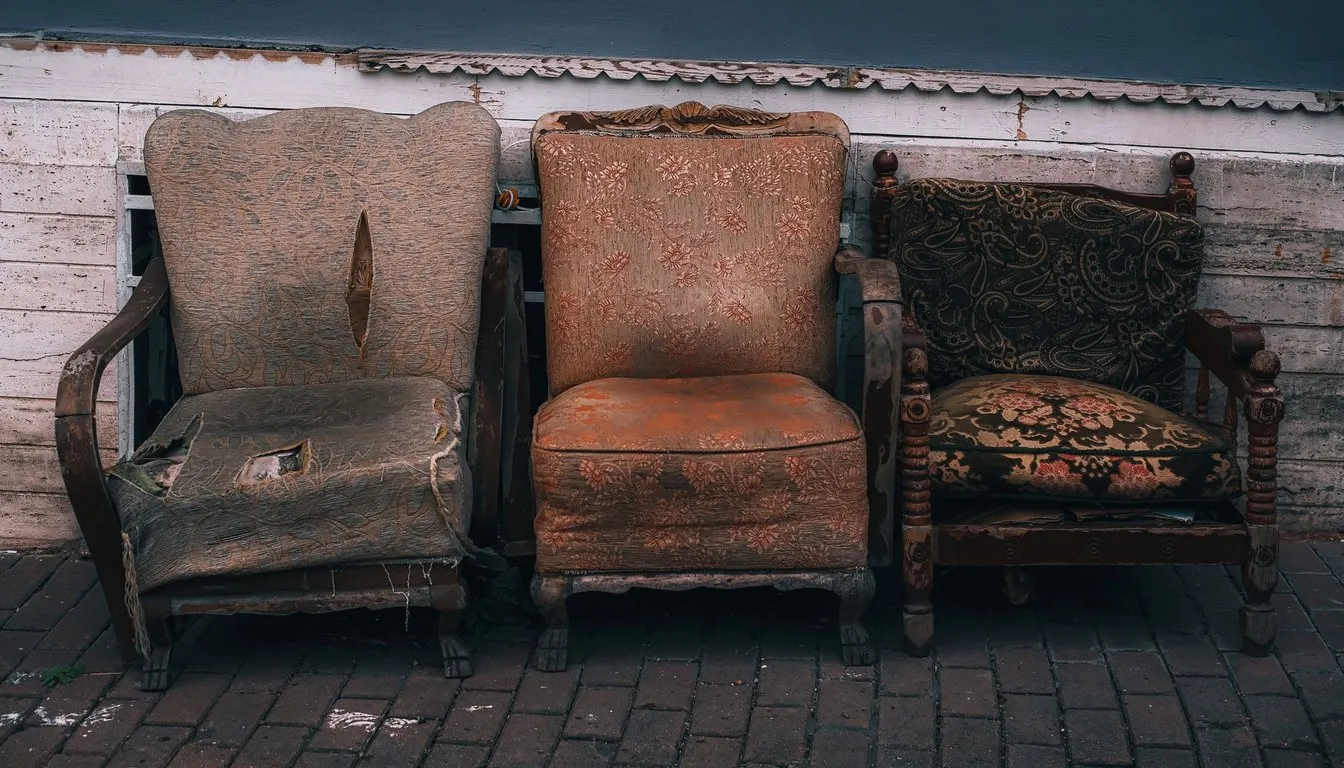 Worn antique armchairs awaiting reupholstery