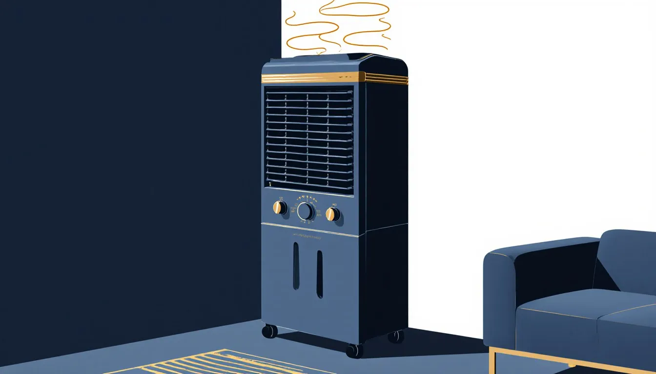 Portable windowless air conditioner standing in a living room