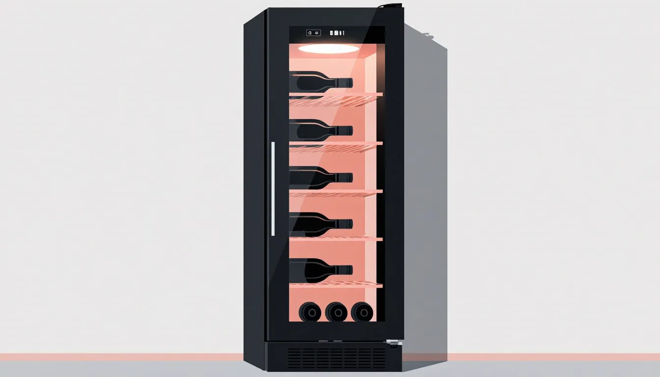 Wine refrigerator stocked with bottles on angled racks