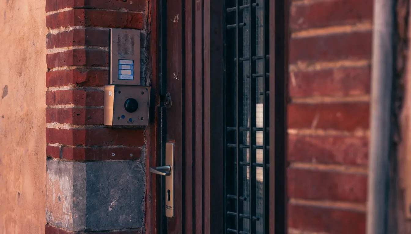 Door intercom panel on a brick wall