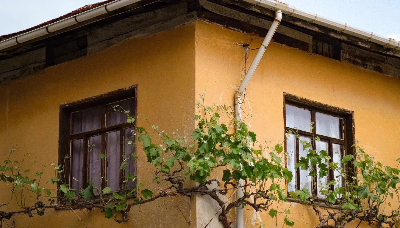 Corner of an old house with wooden gutter