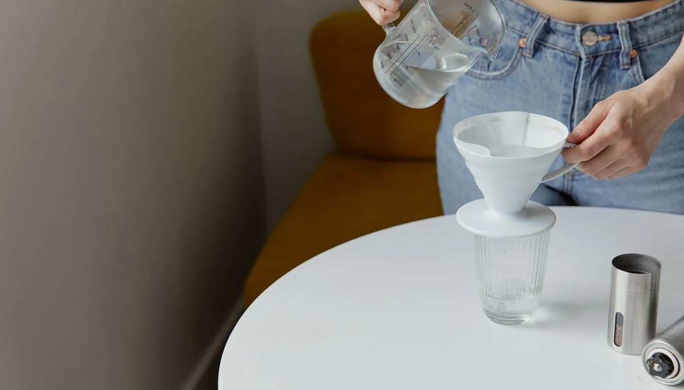 Person pouring water through a filter cone into a carafe